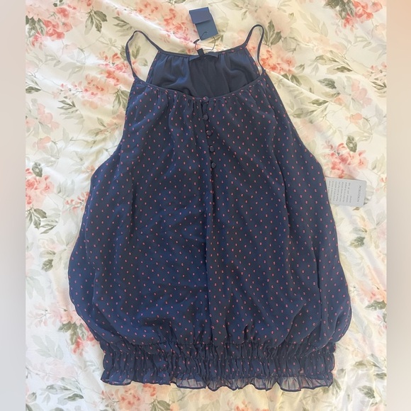 Eclair NEW Clip Dot Button Up Front Sleeveless Blouse Ruffle Hem Navy/Red Sz 3X - Picture 2 of 5